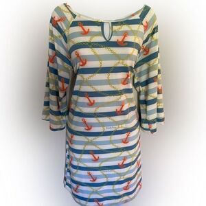 Michelle Parisou UPF Sun Dress - M anchor print muted greens /teal , n…